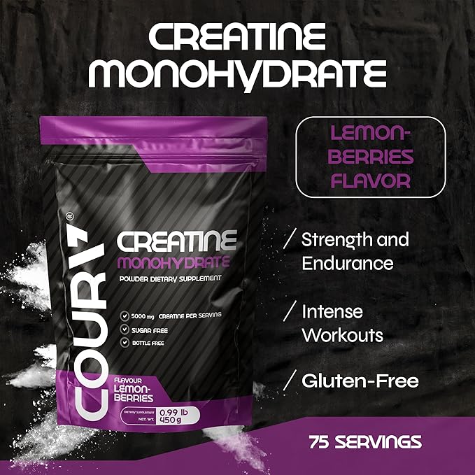 COURA Creatine Monohydrate Lemon-Berries Flavor - Sports Supplement - Strength and Endurance - Ideal for Intense Workouts - Gluten Free - Bottle Free - 450g