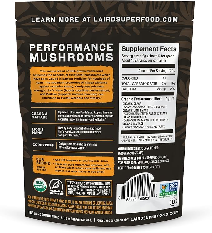 Laird Superfood Organic Performance Mushroom Blend with Chaga Cordyceps Lion's Mane and Maitake for Energy and Cognition 3.17 oz. Bag Pack of 1