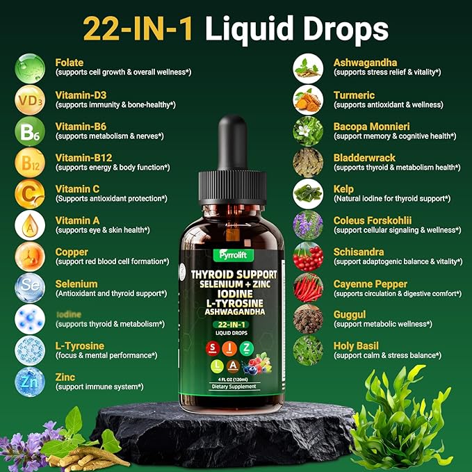 Thyroid Support for Women &amp Men 22 in 1 Natural Herbal Formula Support Body Immune &amp Balance | Kelp Ashwagandha Turmeric Selenium Zinc L-Tyrosine Vitamin B12 | Thyroid Supplement Liquid Drops