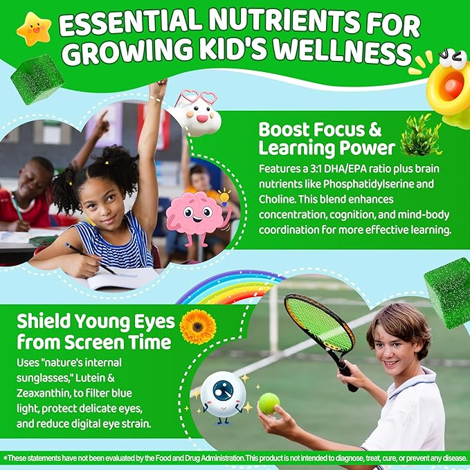 Kids Super Greens Gummies w/Multivitamins 20+ Veggie Fruit Prebiotics Calcium Omega-3 (DHA/EPA) Kids Vitamins Greens Superfood Gummies for Picky Eaters Growth Energy Immune Digestion 1 Pack