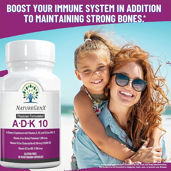 ADK10 – ADK Vitamin Supplement | High Potency Vitamins A D3 (10000 IU) &amp K2 MK-7 for Bone Heart &amp Immune Health | 90 Tiny Capsules | 3 Month Supply | Non-GMO Gluten Free