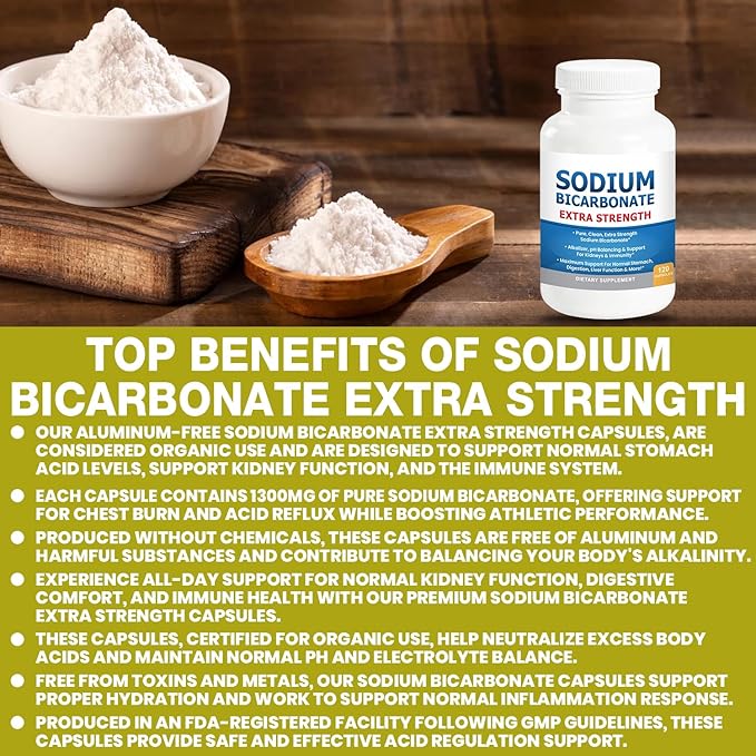 Sodium Bicarbonate Capsules Extra Strength 1300mg Organic Use No Junk. 1 Sodium Bicarbonate Capsule is 1300mg. Pure Sodium Bicarb Tablet 2-Pack