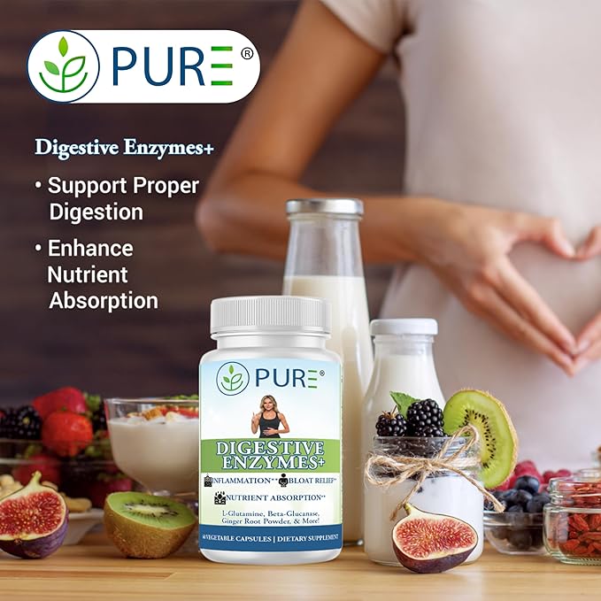 PURE® Digestive Enzymes+ with Probiotics - 60 Capsules - Advanced Gut Health &amp Bloat Relief - Full Spectrum Enzyme Blend for Protein Carb &amp Fat Digestion - Made in USA