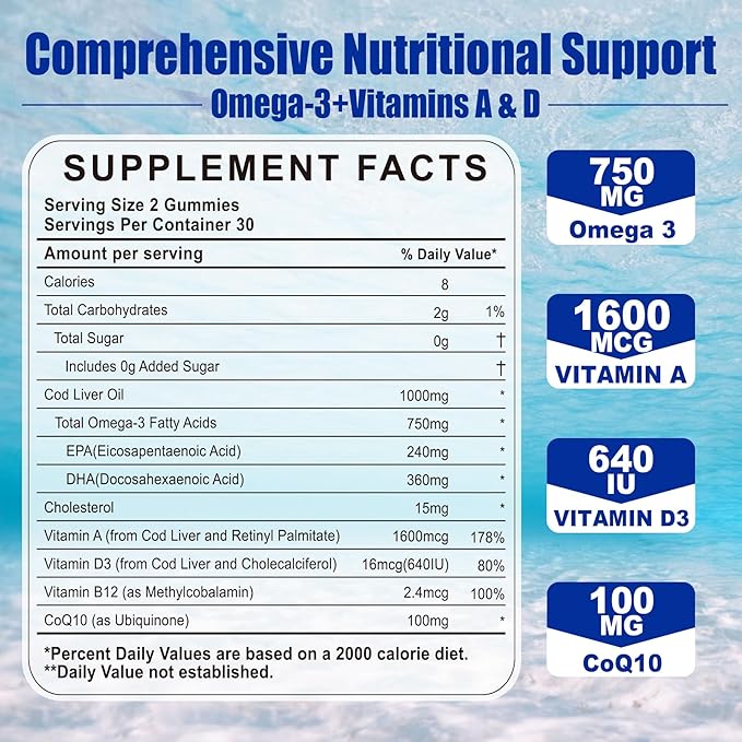 Cod Liver Oil 1000mg Gummies for Adults &amp Kids with Vitamin A &amp D3 - Omega 3 Fish Oil Supplement - DHA 360mg &amp EPA 240mg for Brain Bone Eye &amp Immune Health Sugar Free 120 Count