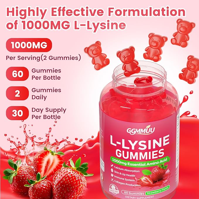 2 Pack L-Lysine Gummies 1000mg L-Lysine Supplement for Adults &amp Kids Essential Amino Acid Supplement for Lips &amp Oral Health Immune Support Strawberry Flavor 120 Count