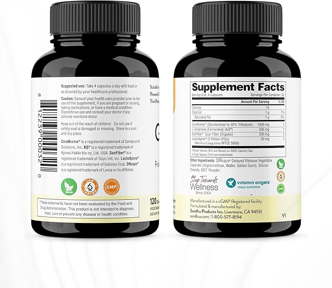 Sandhu's Gut Health - Prebiotic Probiotic Postbiotic &amp L-Glutamine | Digestive Health Colon Probiotic Total Supplements | 120 Delayed Release Capsules