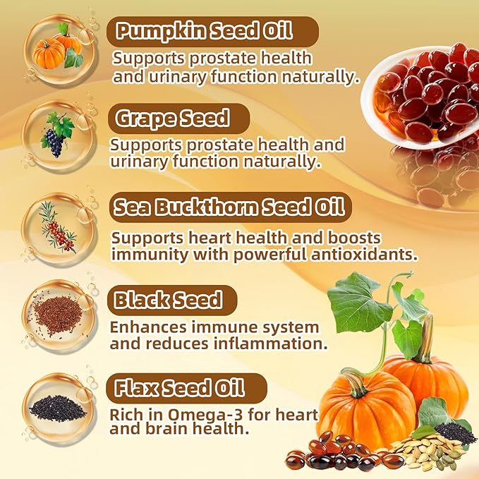 Five Seeds Supreme Oil 300 Softgels | 5 in 1 Pumpkin Seed Oil Pure Sea Buckthorn Grape Flax Black Seeds | Cold Pressed Supports Hair Urinary Bladder &amp Prostate Health
