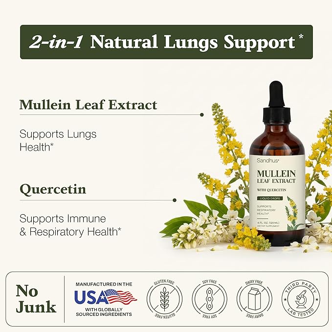 Sandhu's Mullein Drops for Lungs | Mullein Leaf Extract Supplement for Immune Lung &amp Respiratory Health Support | Alcohol Free Natural Herbal Tincture | 4 fl oz 2 Months Supply