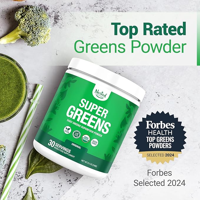 Nested Naturals Super Greens Daily Superfood Powder - Certified USDA Organic Green Powder w/20+ Whole Foods Spirulina PowderWheat &amp Barley Grass - Probiotics Fiber &amp Enzymes - Original Flav