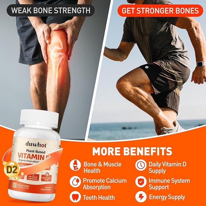 Vitamin D2 Gummies 2000 IU Plant-Based Vitamin D Supplement from Whole Mushroom for Bone Muscle &amp Immune Support Daily Sunshine Supply Vegan Non-GMO Orange 60 Chews
