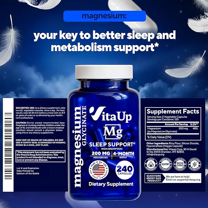 VitaUp Magnesium Glycinate 200mg - USA Made Highly Absorbed Non-GMO Magnesium for Relaxation Deep Sleep Bones &amp Heart - 200mg per Serving 240 Vegan Capsules