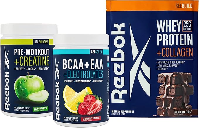 Reebok Performance System Bundle | REEenergize Pre-Workout REEcover BCAA + EAA REEbuild Whey + Collagen | Complete Athletic Performance System