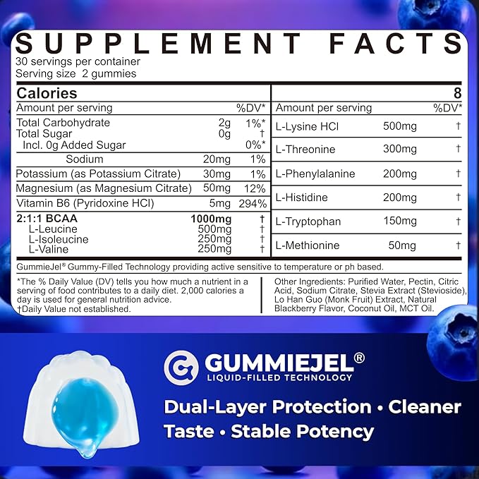 Essential Amino Acids EAA Gummies Nutritional Supplements for Women Men BCAAs Branched Chain Amino Acids Supplement Gummies w/ Electrolyte Hydration Black Raspberry Flavor Gluten Free Vegan 120ct