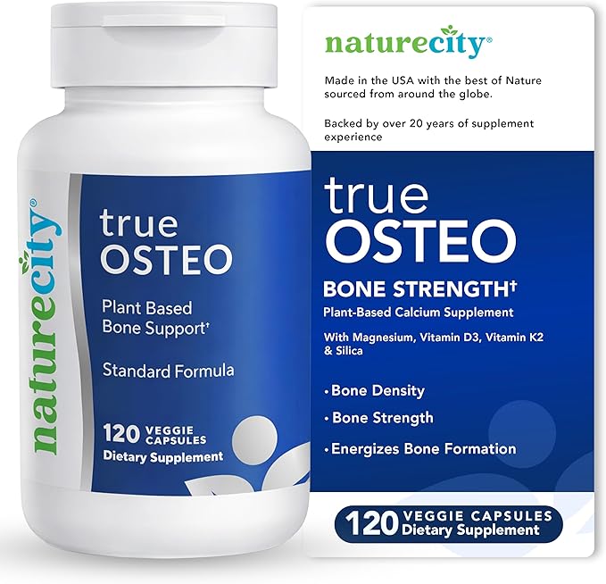 NatureCity True-Osteo Plant-Based Supplement for Bone Strength | AlgaeCal Calcium &amp Magnesium Plant-Based Vitamin D3 Vitamin K2 Silicon| Gentle on Stomach (120 Veggie Capsules)