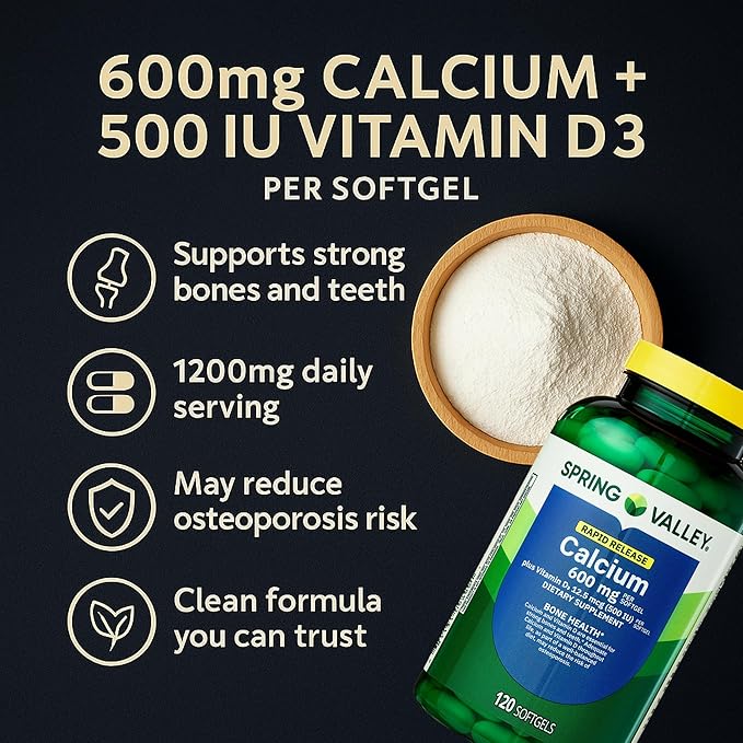 Spring Valley Calcium 600 mg + Vitamin D3 120 Softgels Bone Health Strong Teeth &amp Osteoporosis Support Rapid-Release Capsules Gluten-Free Supplement Bundle with Luall's 45 Diabetes Decoded