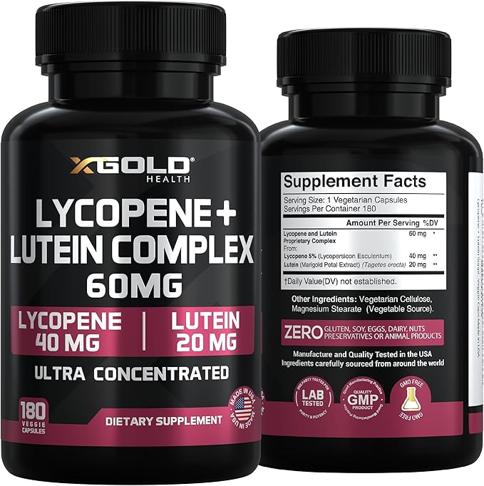 Lycopene + Lutein 60mg Supplement | Eye Health &amp Vision Support | Antioxidant for Healthy Eyes &amp Skin | Non-GMO Gluten Free | 180 Vegetarian Capsules | Made in USA