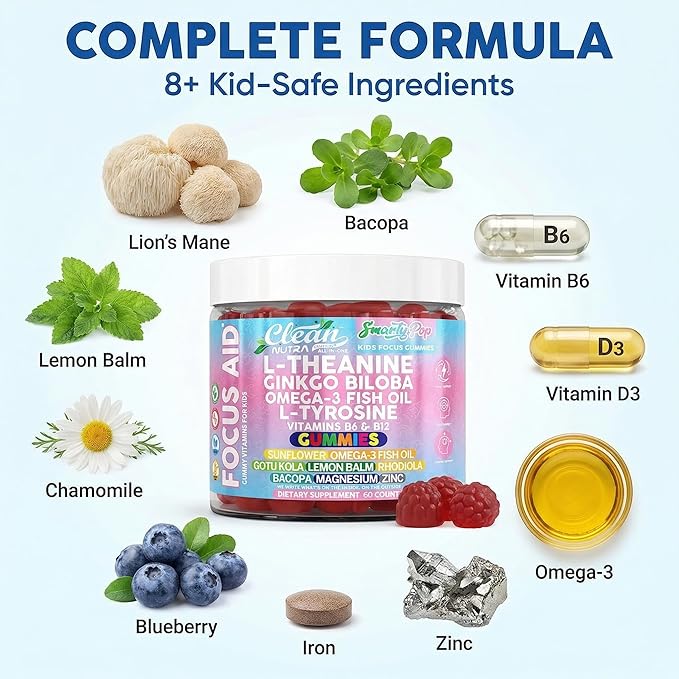 Clean Nutra Kids Focus Gummies with L-Theanine Ginkgo Biloba Omega-3 Fish Oil L-Tyrosine Vitamin B6 B12 – 60 Count Clean Label Non-GMO Vegan-Friendly SmartyPop Formula for Kids Support