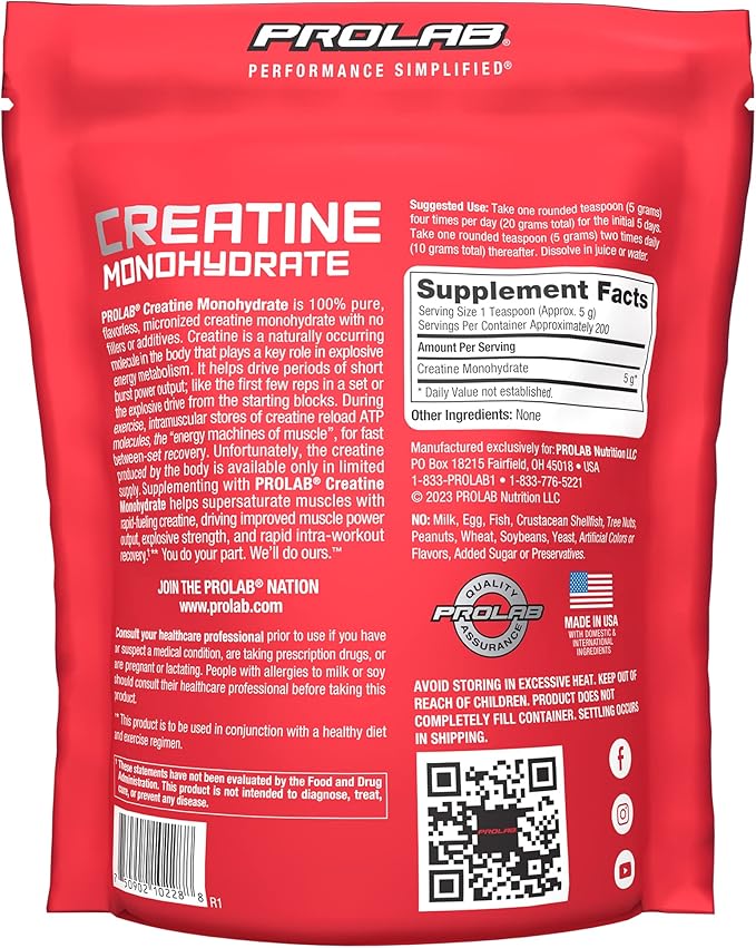 ProLab Nutrition Creatine Monohydrate Micronized Powder 1000G Pure Creatine for Muscle Strength Power &amp Endurance Fast Absorbing Unflavored 5000mg Per Serv (5g) (200 Servings)