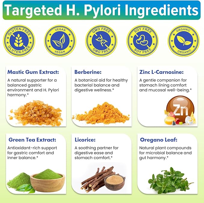 H. Pylori Defense Probiotics 100 Billion CFU - Lactobacillus Reuteri Mastic Gum Berberine Zinc Carnosine Green Tea for Digestive &amp Gut Health Stomach Comfort Vegan 120 Capsules