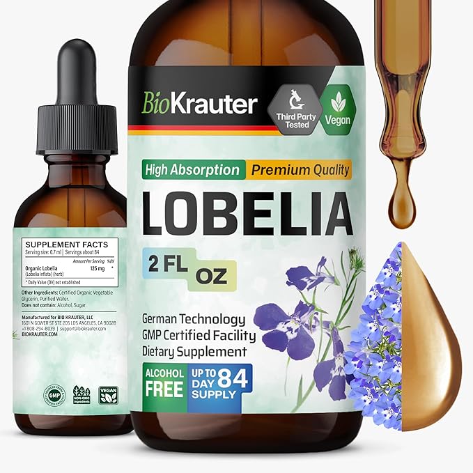 BIO KRAUTER Lobelia Tincture for Lung Cleanse &amp Detox - Pure Vegan Lobelia Herb Liquid Extract - 2 Fl.Oz. 84 Days of Supply - Respiratory Support Supplement - Alcohol &amp Sugar Free Non-GMO