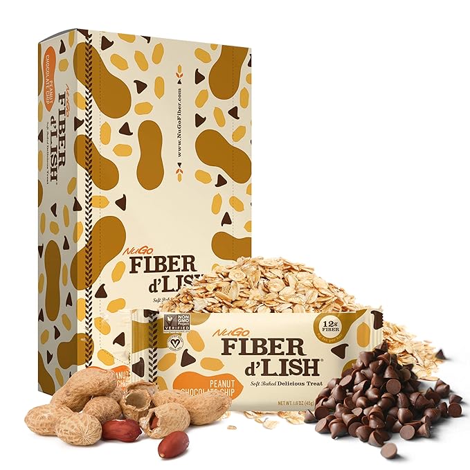 NuGo Fiber d'Lish Peanut Chocolate Chip 12g High Fiber Vegan 160 Calories 16 Count