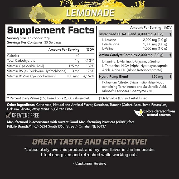 PMD Sports BCAA Stim-Free Amino Acids - Better Workout Performance Enhanced Recovery Daily Energy Muscle Builder and Muscle Sparing - BCAA Powder Drink Mix - Lemonade (30 Servings)