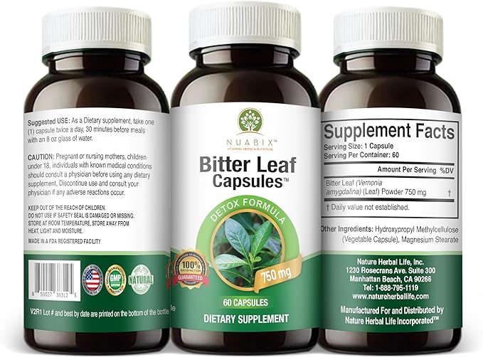 Bitter Leaf Capsules. 750mg. (60caps) Wellness Dietary Supplement