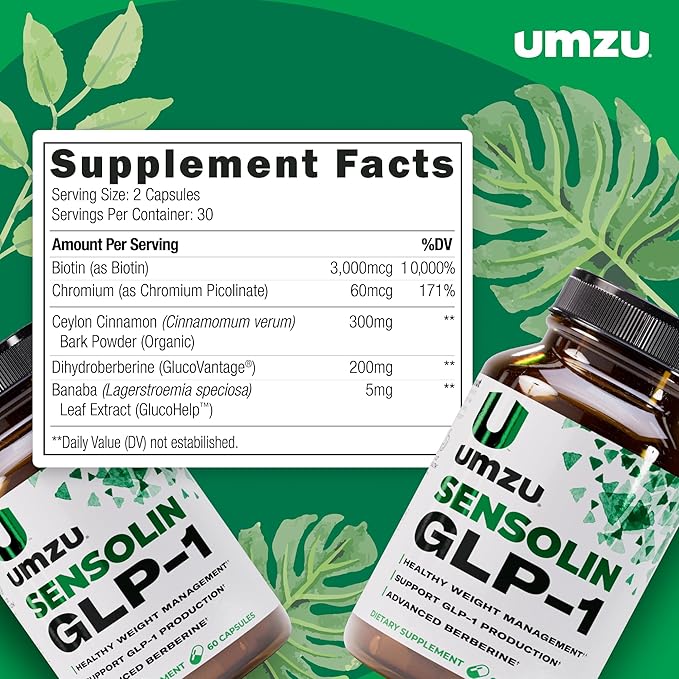 UMZU Sensolin GLP-1 Support Supplement – 30 Day Supply – with Dihydroberberine Ceylon Cinnamon Chromium &amp Biotin – Supports Metabolic Function Focus &amp Energy Balance