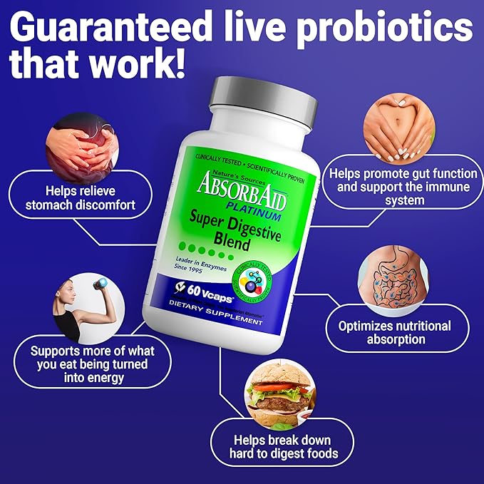 AbsorbAid Platinum Digestive Enzyme Support 60 vCaps 12 Digestive Enzymes PLUS 2 Probiotics for Maximum Relief