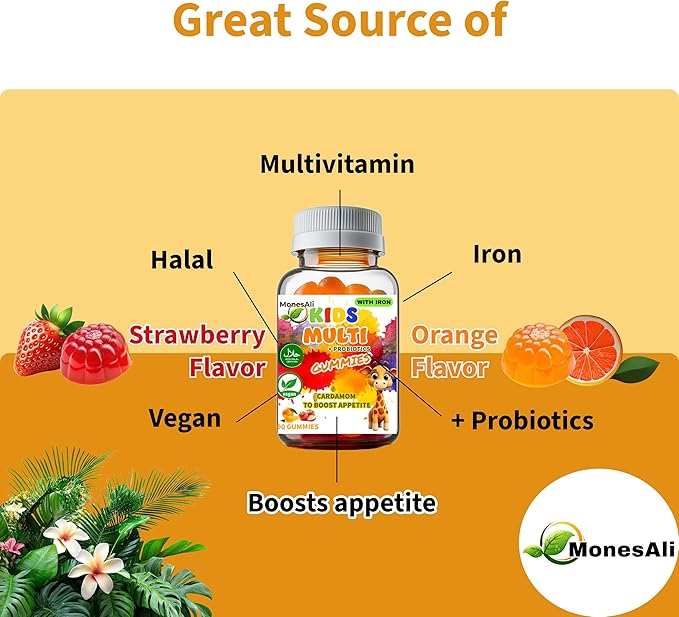 Kids Multivitamin Gummies with Iron &amp Probiotics - Vegan Gelatin-Free Halal Orange &amp Strawberry Flavors 90 Count