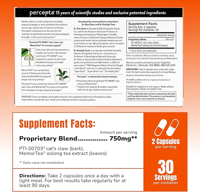 Percepta Plant-Based Memory Support - Natural Nootropic Brain Booster - Memory Focus Concentration - 30 Day Supply
