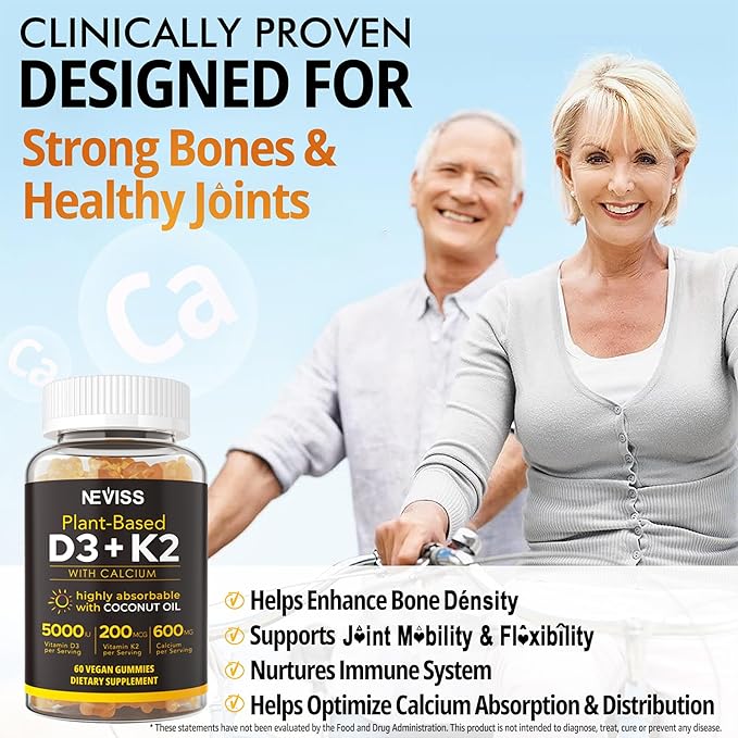 Vitamin D3 5000iu &amp K2( as MK7 ) 200mcg Gummies + 600mg Calcium with Coconut Oil for High Absorption Maximum Strength Vitamin D3 K2 Supplement - Support for Bones Muscle Teeth Immune Vegan 2Pac