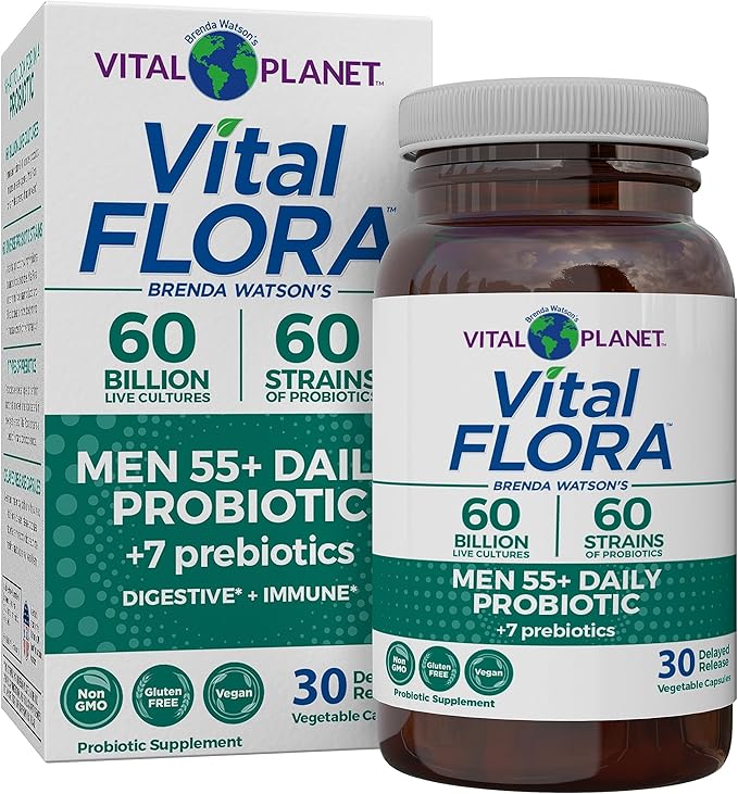 Vital Planet - Vital Flora Men 55+ Daily Probiotic 60 Billion CFU 60 Diverse Strains 7 Organic Prebiotics Immune Support Gas Relief Colon and Digestive Health Probiotics for Men 30 Capsules