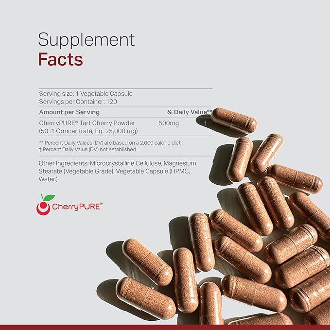 Montmorency Tart Cherry Non GMO Capsules - CherryPure 50:1 Concentrate eq. 25000 mg - Antioxidants &amp Flavonoids Tart Cherry Extract for Gout &amp Muscles - 120 Veggie Capsules - 4 Month Suppl