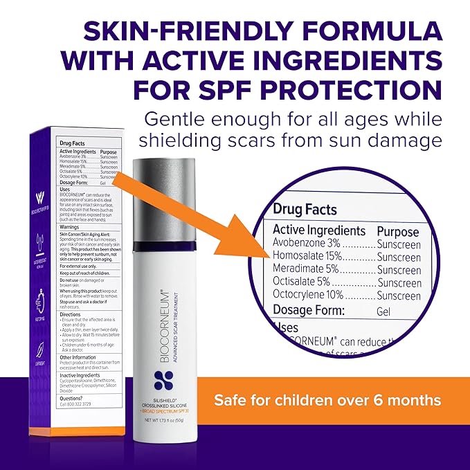 Biocorneum Advanced Scar Treatment with Silishield® &amp SPF 30 10g – Medical Grade Silicone Gel to Support Healing of Surgical Scars and Marks – Fast Drying Made in USA – Safe for Ages 6+ Months