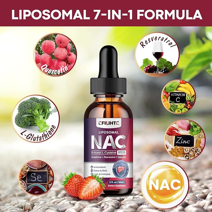 Liposomal Liquid NAC Supplement N-Acetyl Cysteine Drops N Acetyl Cysteine 600mg with Glutathione Resveratrol &amp Zinc for Adults &amp Kids Liver Lung Antioxidant Immune &amp Skin Health Strawbe