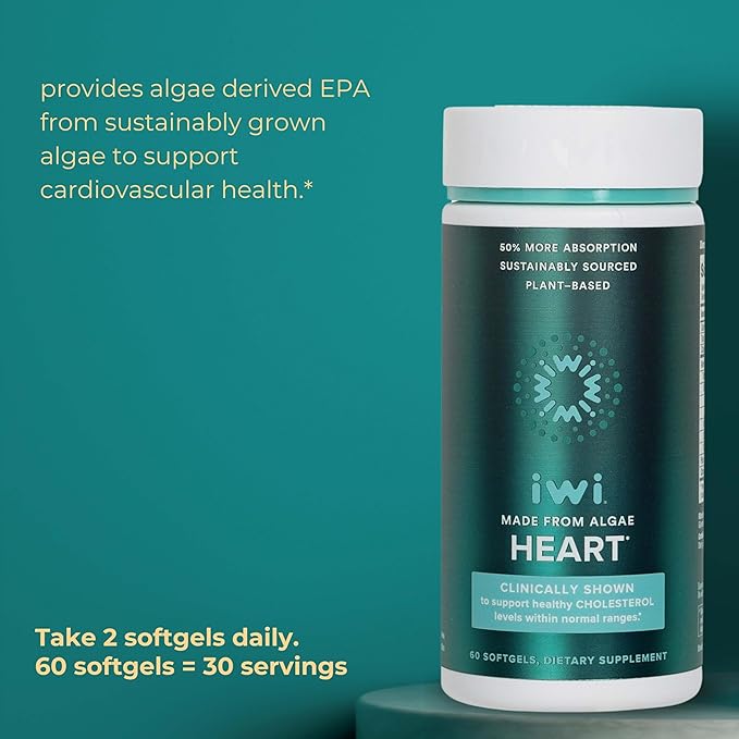 Iwi Omega-3 &amp Heart Omega-3 Bundle 30 Servings Vegan Plant-Based Algae Omega 3 Krill &amp Fish Oil Alternative No Fishy Aftertaste