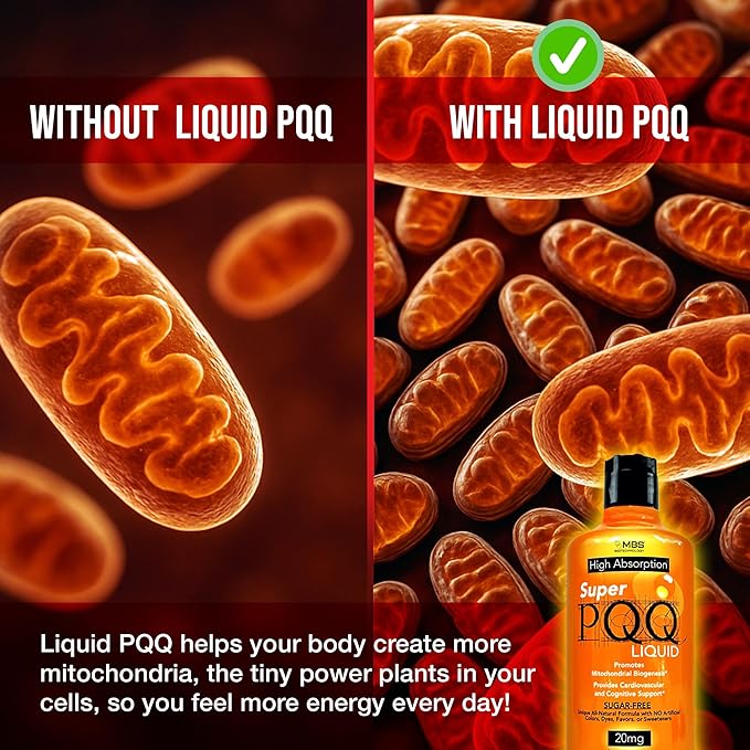 Super PQQ Liquid - Highly Absorbable Pyrroloquinoline Quinone 20 Milligram Best Liquid PQQ for Mitochondrial Biogenesis Supports Heart Health Cognitive Function and Mental Focus