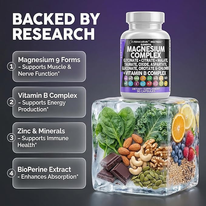 Clean Nutraceuticals Magnesium Complex with Magnesium Glycinate Citrate Malate Oxide Taurate Aspartate Orotate &amp Mag Chloride Zinc Copper Manganese &amp Vitamin C B1 B2 B6 B12 Complex - 1Pack