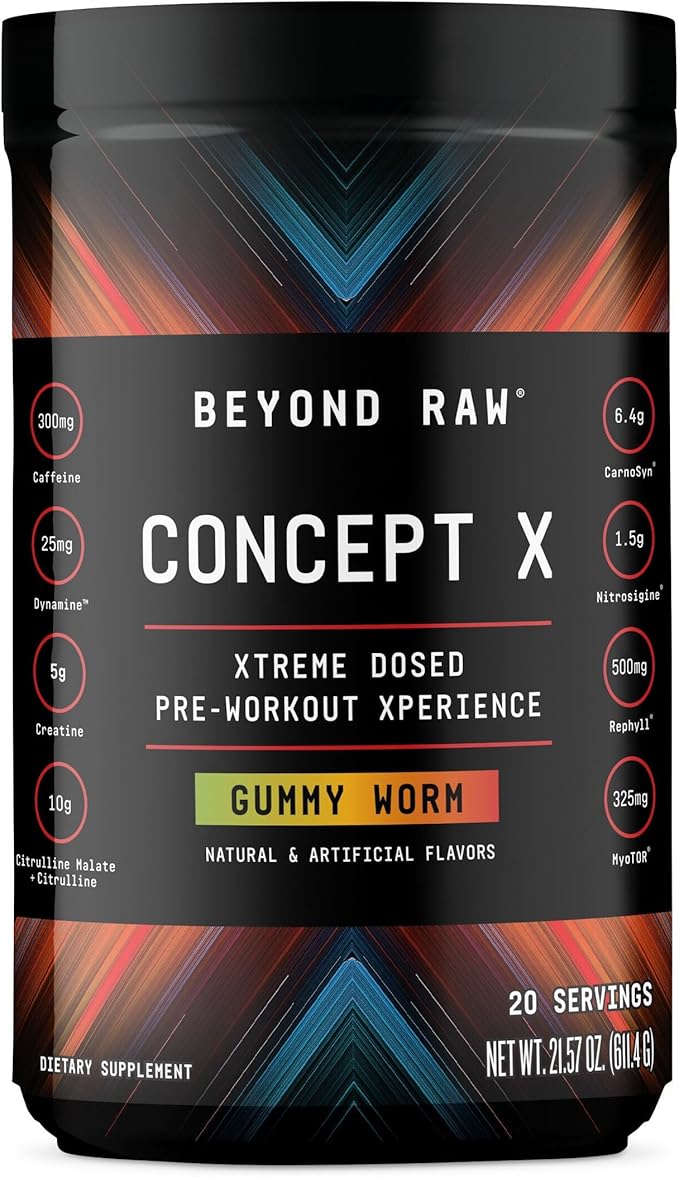 BEYOND RAW Concept X Clinically Dosed Pre-Workout Powder Contains Caffeine L-Citrulline Creatine and Beta-Alanine Gummy Worm Flavor 20 Servings