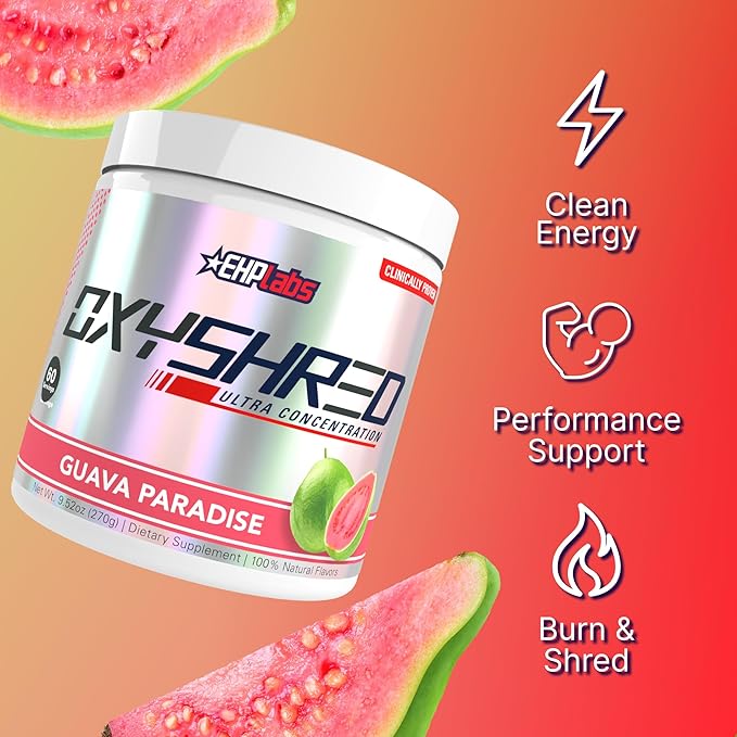 EHP Labs OxyShred Pre Workout Powder &amp Shredding Supplement - Preworkout Powder with L Glutamine &amp Acetyl L Carnitine Energy Boost Drink - Guava Paradise 60 Servings
