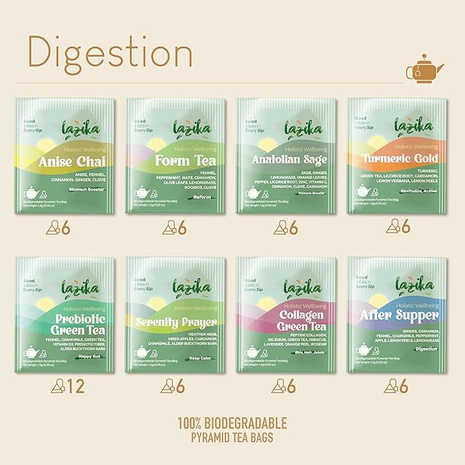 Lazika Herbal Tea Variety Pack with Lovely Presentation Box 54 Counts Digestion Tea Assortment Gift Set Premium Collection with Pyramid Infuser Bag Handcrafted