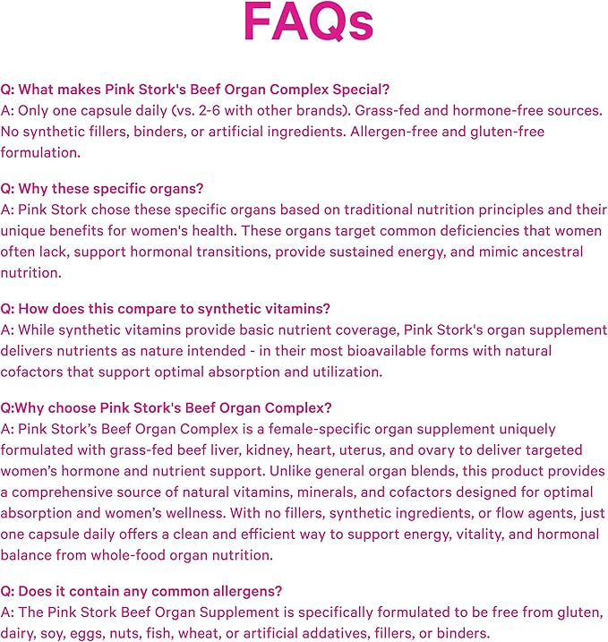 Pink Stork Beef Organ Supplement for Women | Grass-Fed Beef Liver Capsules with Iron B12 CoQ10 Vitamin A | Primal Multivitamin for Female Hormone + Energy Support | 60 Capsules