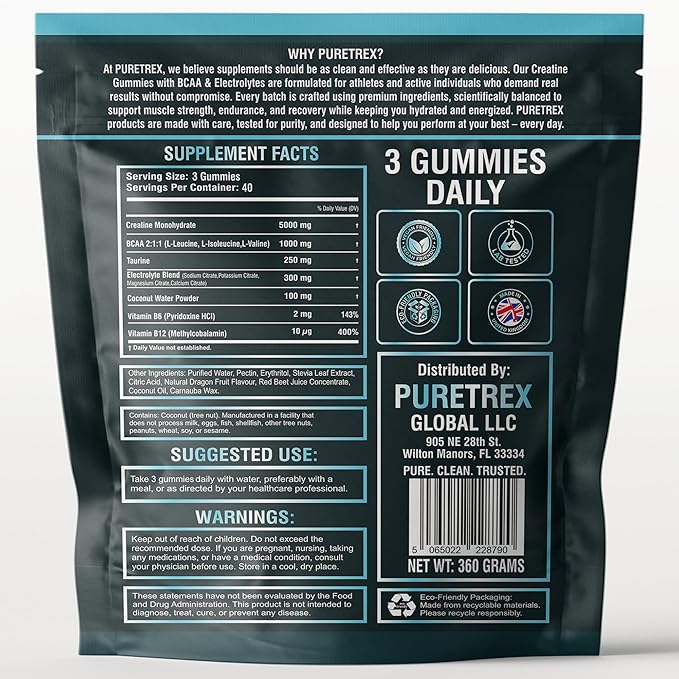 Creatine Gummies with BCAA &amp Electrolytes Sugar Free Arctic Dragon Fruit Flavor 5G per Serving 120 Count Dietary Supplement
