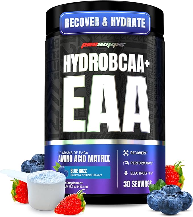 ProSupps HydroBCAA Essential Amino Acids Powder Blue Raspberry - Workout Supplement with BCAA EAAs &amp Electrolytes for Hydration &amp Recovery - Stimulant-Free Soy &amp Gluten-Free - 30 Servin