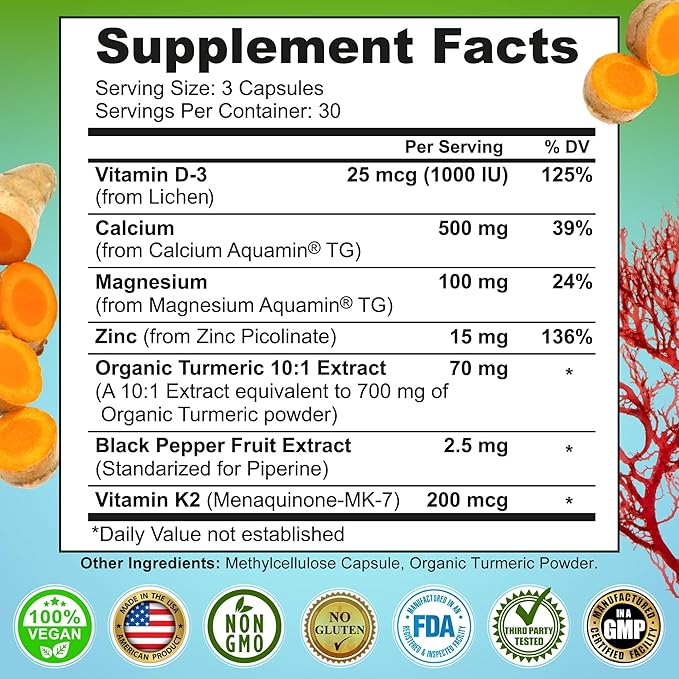 Calcium and Glutathione Duo – Liposomal Glutathione 500mg with Organic Whole Foods + Plant-Based Calcium 500mg (from Aquamin®) Magnesium Zinc D3 K2 &amp Turmeric – Vegan Non-GMO Clean Nutrition