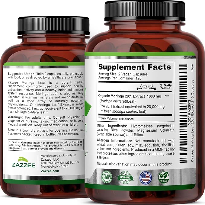 Zazzee USDA Organic Moringa Leaf 20:1 Extract 1000 mg Per Serving 240 Vegan Capsules 4 Month Supply Certified Kosher Moringa Oleifera Antioxidant Immune &amp Cellular Support Made in the USA