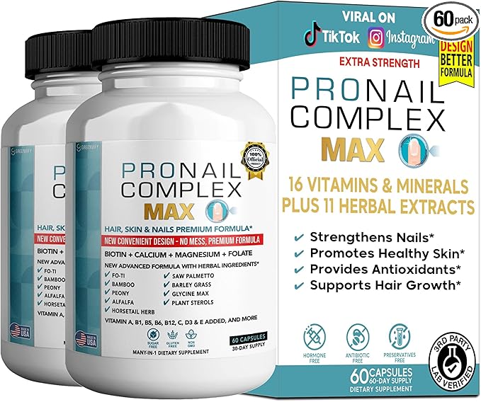 ProNail Complex Max Hair Skin &amp Nails Premium Supplement with Biotin &amp Herbal Blend 60 Capsules 30 Day Supply (2)
