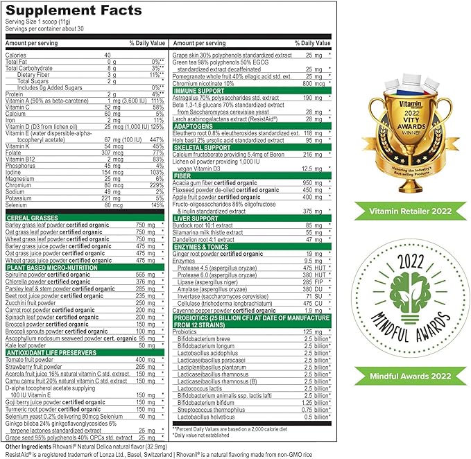 Vibrant Health Green Vibrance Includes 65 Plant-Based Superfoods 25 Billion Probiotics Fiber Adaptogens &amp Enzymes 30 Servings