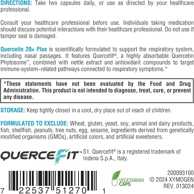 XYMOGEN Quercetin 20× Plus - Quercetin Phytosome Supplement for Immune &amp Respiratory Support - with Vitamin C &amp Nettle Leaf - 120 Capsules